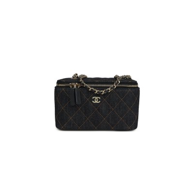 CHANEL MASTER SMALL CLASSIC VANITY CASE DARK BLUE DENIM LIGHT GOLD HARDWARE (17*9.5*8cm) 